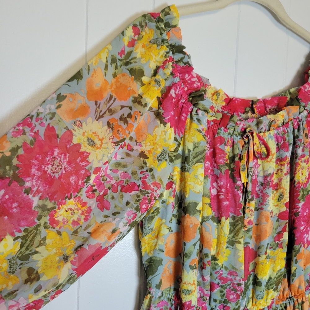 LC Lauren Conrad Off The Shoulder Midi Dress Floral Print Puff Sleeves Boho XL - Picture 5 of 11
